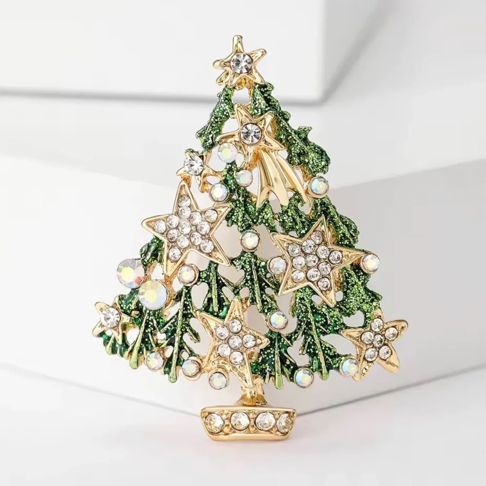 Festive Green & Gold Crystal Christmas Tree Brooch